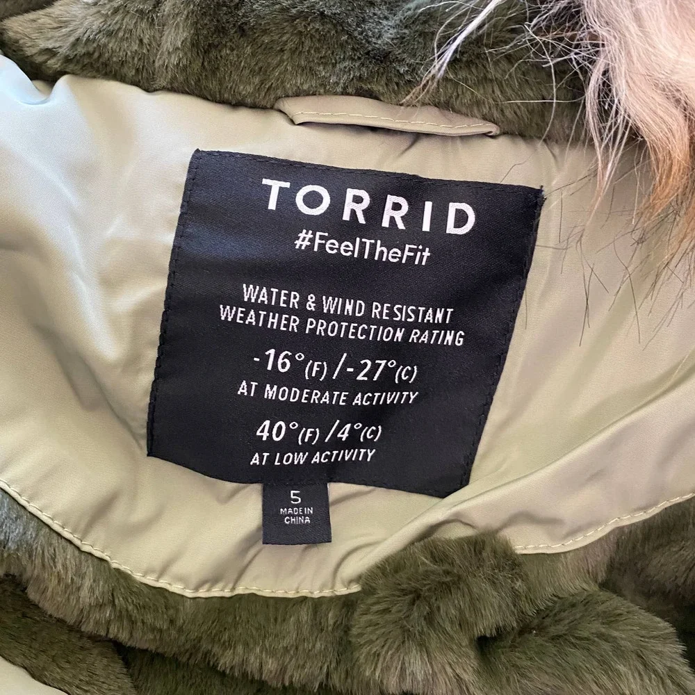 Torrid NWT Fit & Flare Puffer Jacket - Twill Olive Green Size 5X Removable Hood - Picture 7 of 10